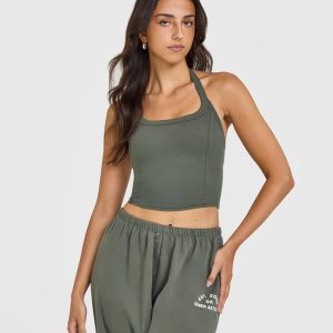 Mellow™ Rib Halter Neck Mid Vest with Built in Bra Shelf Dark Khaki