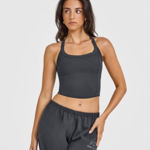 Mellow™ Rib Halter Neck Mid Vest with Built in Bra Shelf Coal