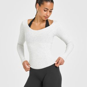 Mellow™ Rib V Neck Long Sleeve Top Light Grey Marl