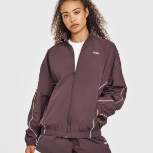 Oversized Piped Woven Track Jacket Deep Umber Brown